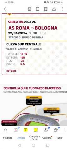 1 biglietto roma bologna curva sud centrale a 75 euro
