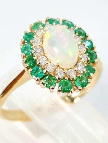 14 carati Oro - Anello - 0.85 ct Opale - Diamanti, Smeraldi