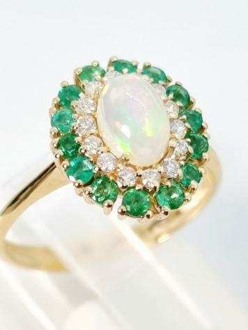 14 carati Oro - Anello - 0.85 ct Opale - Diamanti, Smeraldi