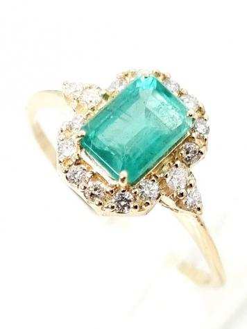 14 carati Oro - Anello Smeraldo - Diamante