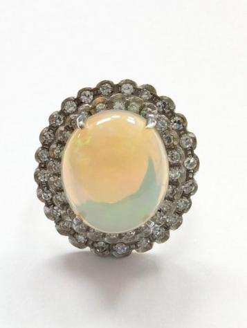 18 carati Argento, Oro - Anello Opale - Diamante