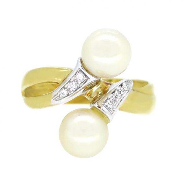 18 carati Oro bianco, Oro giallo - Anello - 0.05 ct Diamanti - Perle Akoya 7.00 mm