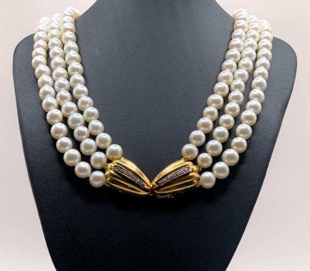 18 carati Oro - Collana Perle - Diamanti