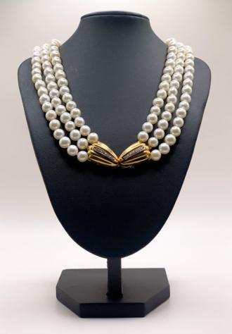 18 carati Oro - Collana Perle - Diamanti