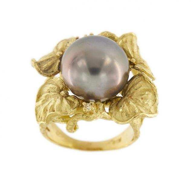 18 carati Oro giallo - Anello - 0.06 ct Diamante - Tahitian pearls