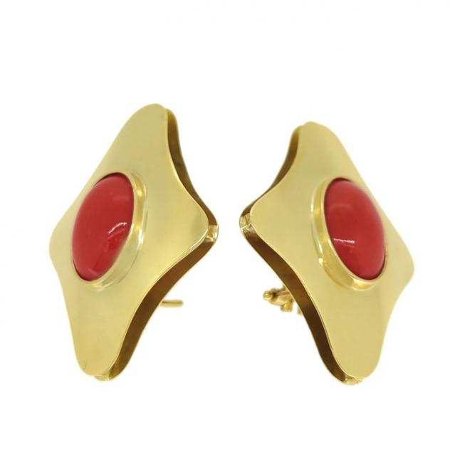 18 carati Oro giallo - Orecchini - Corallo rosso del mediterraneo 8.20 x 12.60 mm