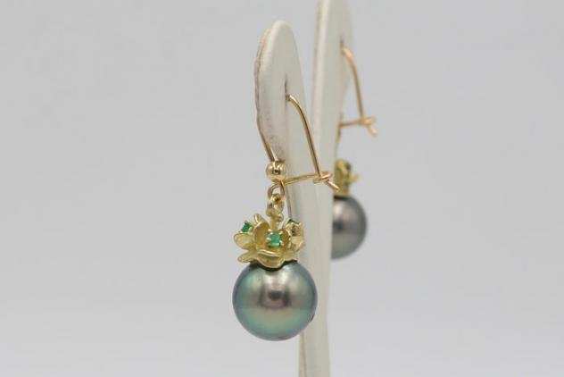 18 carati Oro - Orecchini Perla dei Mari del Sud - Smeraldi