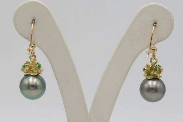 18 carati Oro - Orecchini Perla dei Mari del Sud - Smeraldi