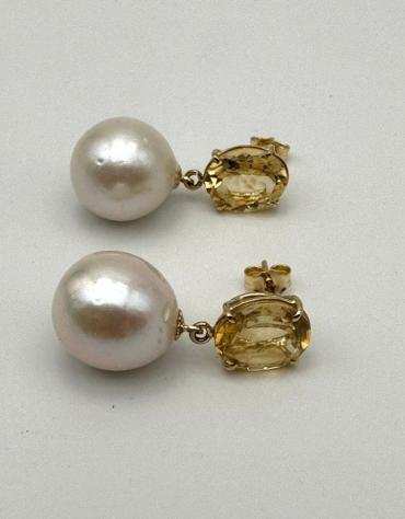 18 carati Oro - Orecchini Quarzo citrino - south sea pearls