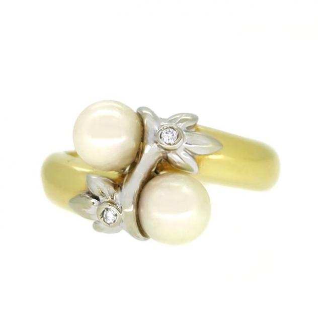 18 carati Oro, Oro bianco - Anello - 0.03 ct Diamante - Perla Akoya 5.95 mm