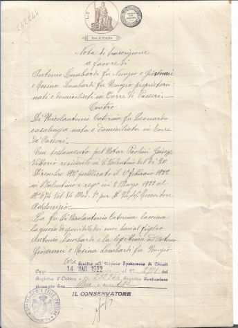 1922 - NOTA DI TRASCRIZIONE DI IPOTECA DALLA PROV. DI TORINO A CHIETI