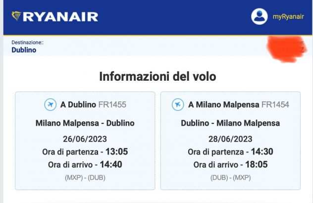 2 Biglietti Aerei AR Milano Malpensa - Dublino