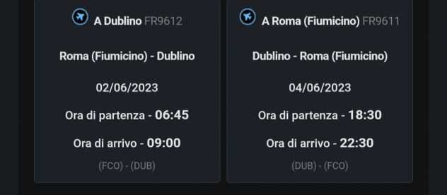 2 Biglietti aereo Ryanair AR Roma-Dublino 2-4 giugno