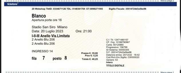 2 Biglietti Concerto Blanco 2023 Milano 200723