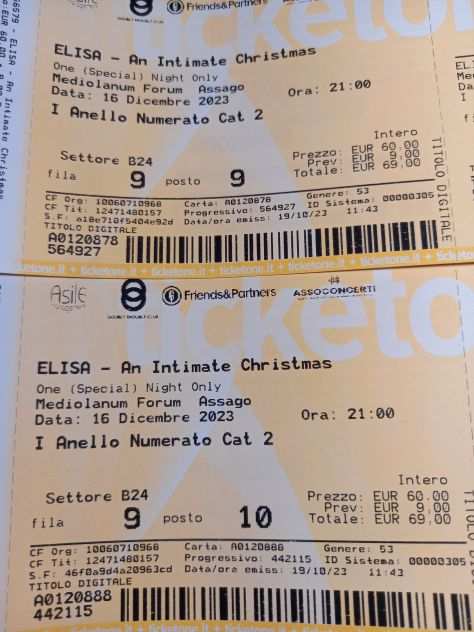 2 biglietti CONCERTO ELISA An Intimate Christmas del 16.12.23