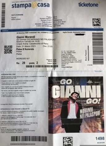 2 Biglietti Concerto Gianni Morandi a Bologna
