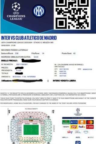 2 Biglietti Inter-Atletico Madrid per gli Ottavi di Finale di Champions League
