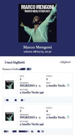 2 Biglietti Marco Mengoni Milano San Siro 8 luglio 2023