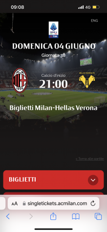 2 biglietti Milan - Hellas Verona 2 Annello Arancio