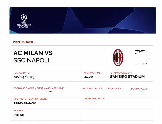 2 biglietti Milan-Napoli quarti Champions League 12-04-2023