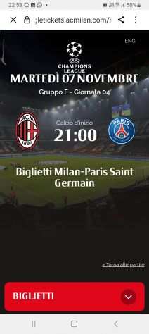 2 Biglietti Milan-PSG 2deg anello Verde affiancati