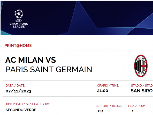 2 biglietti Milan PSG - secondo verde - 84 euro ciascuno (prezzo di acquisto)