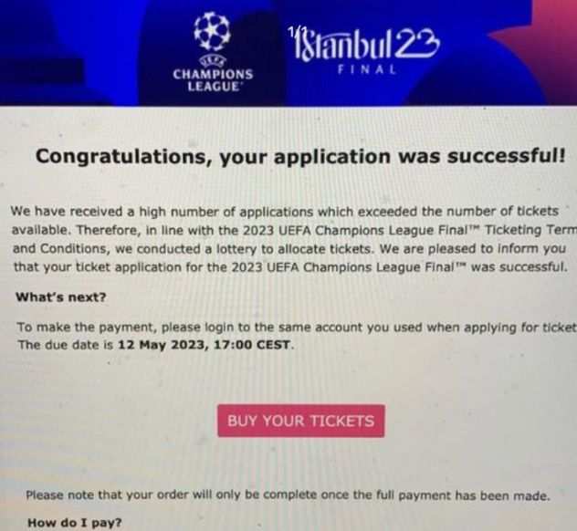 2 biglietti per la Finale della UEFA Champions League 2023