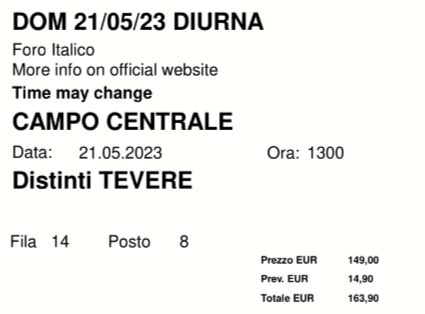 2 biglietti per la finale di tennis degli internazionali BNL di Roma 21052023
