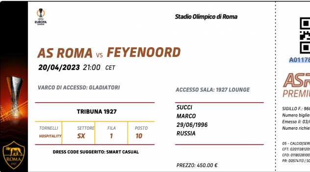 2 Biglietti Roma - Feyenoord, tribuna donore