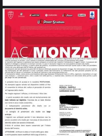 2 Biglietti serie A Monza Napoli Tribuna Ovest Laterale Sud 14 maggio 2023