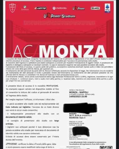 2 Biglietti serie A Monza Napoli Tribuna Ovest Laterale Sud 14 maggio 2023