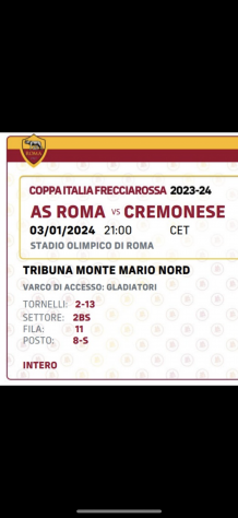 2 biglietti tribuna monte mario roma-cremonese 30124
