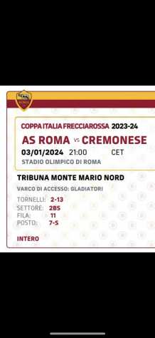 2 biglietti tribuna monte mario roma-cremonese 30124