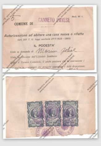 3 MARCHE DA BOLLO COMUNE DI CANNETO PAVESE DA 10 LIRE SU DOCUMENTAZIONE DEL 1935