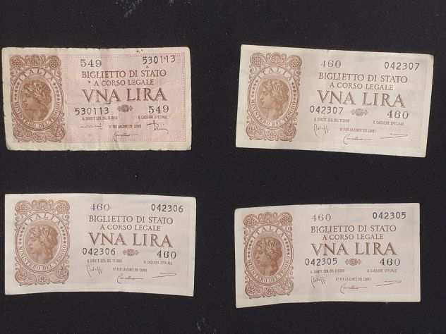 4 Banconote da Una Lira Biglietto di Stato a corso legale 1944 Serie 549 e 460