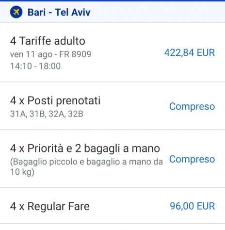 4 biglietti aerei Bari - Tel Aviv 11082023