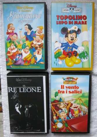 4 VHS DISNEY-BIANCANEVE 7 NANI-RE LEONE-IL VENTO TRA SALICI-TOPOLINO LUPO MARE-