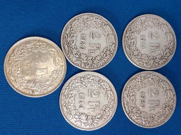 5 monete Argento 2 Franchi svizzeri
