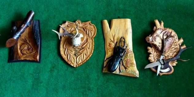 5 sculture antiche artigianali in legno scolpite a mano