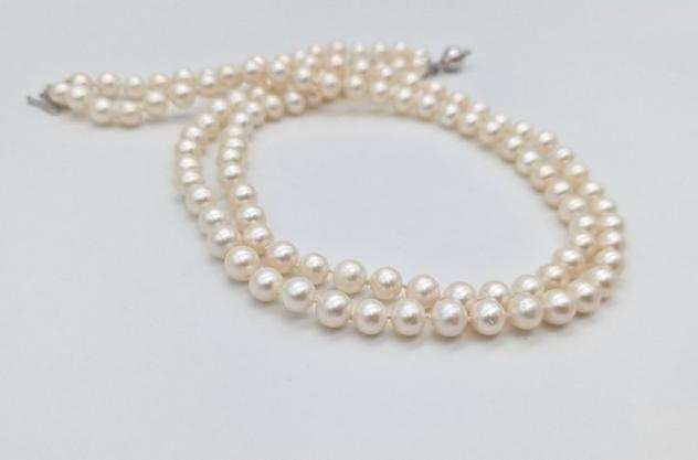 .750 (18 carati) Oro bianco - Collana - 2 fili perle akoya da 7 a 7.4 mm