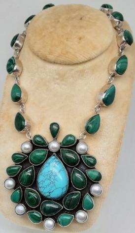 925 Argento - Collana Turchese - Malachite, perle.