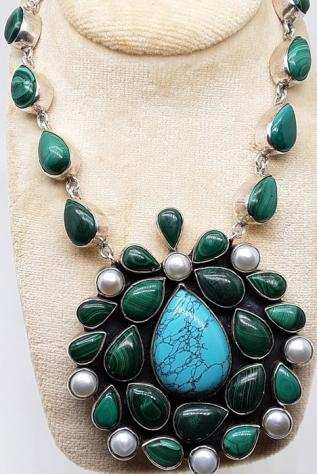 925 Argento - Collana Turchese - Malachite, perle.