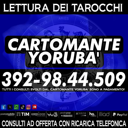 Il Cartomante Yorubà è presente anche su: Facebook, Instagram, Youtube, Tiktok, WhatsApp, X (Twitter) e Threads.