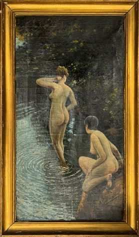 A. Grimaldi scuola italiana bagnanti olio su tela quadro pittore