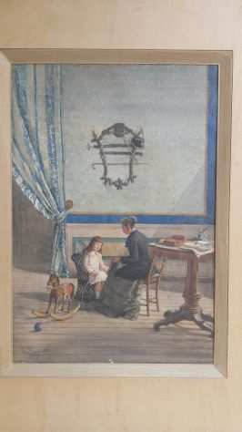 ACQUERELLO DI ACHILLE BUZZI ANNO 1885 PRECETTRICE CON BAMBINA