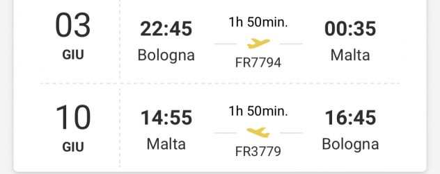 AEREO BOLOGNA-MALTA AR x2 dal 3 al 10 giugno