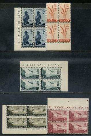 Africa orientale italiana 1938 - Pittorica, 5 belle quartine. Raro il 50 centesimi posta aerea. - Sassone 1 - A1 - A2 - A5 - A8