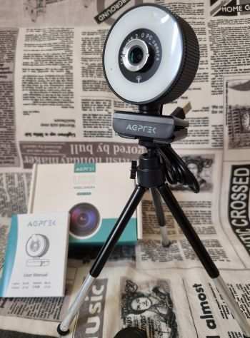 Agptek Webcam 1080P con Luce ad Anello 3 Colori, microfono, treppiede regolabile