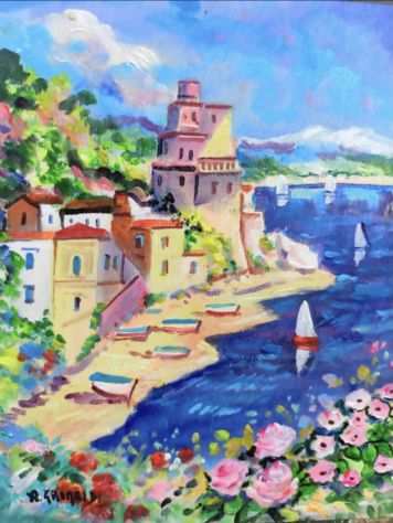 Alfredo Grimaldi olio su tavola 24x30 barche a positano