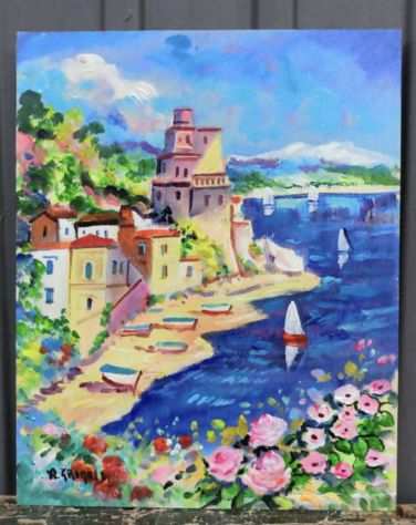 Alfredo Grimaldi olio su tavola 24x30 barche a positano